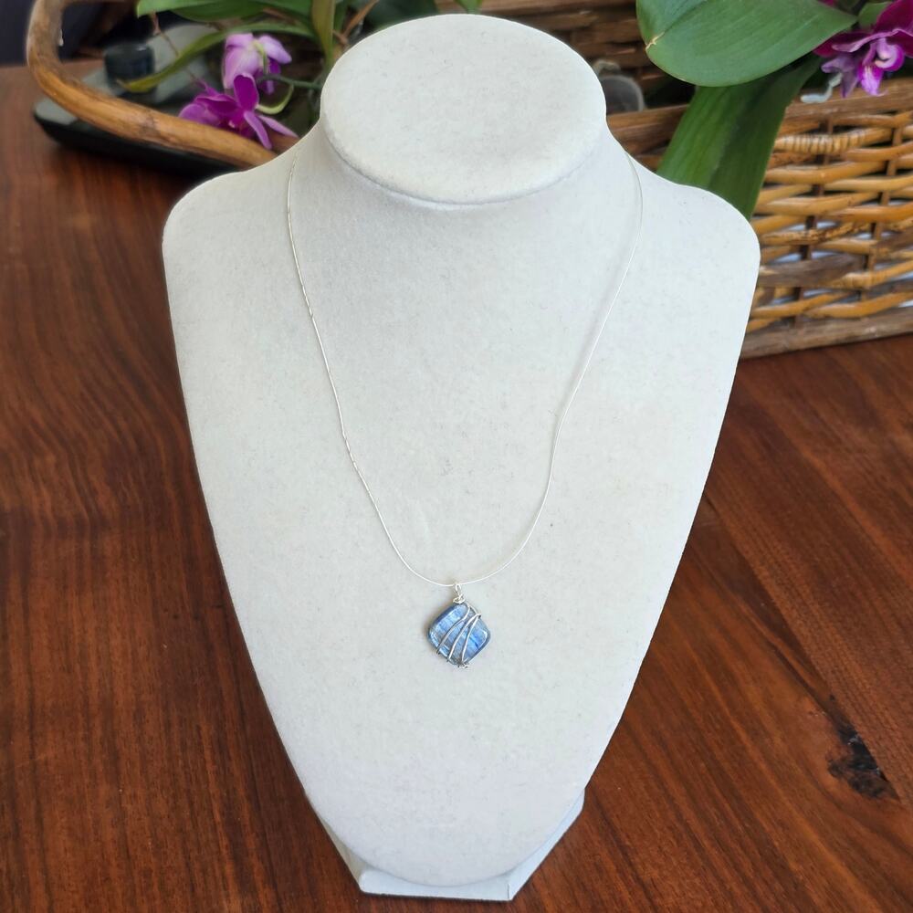 Blue Kyanite? Crystal Wire Wrapped Pendant Necklace Boho Chic Summer Organic